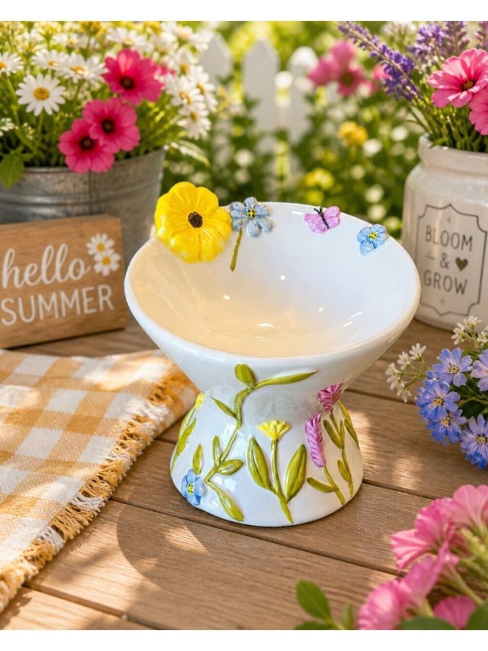 New Summer Butterflies Flower Ceramic Raised Tilted Cat Small Dog Pedestal Bowl